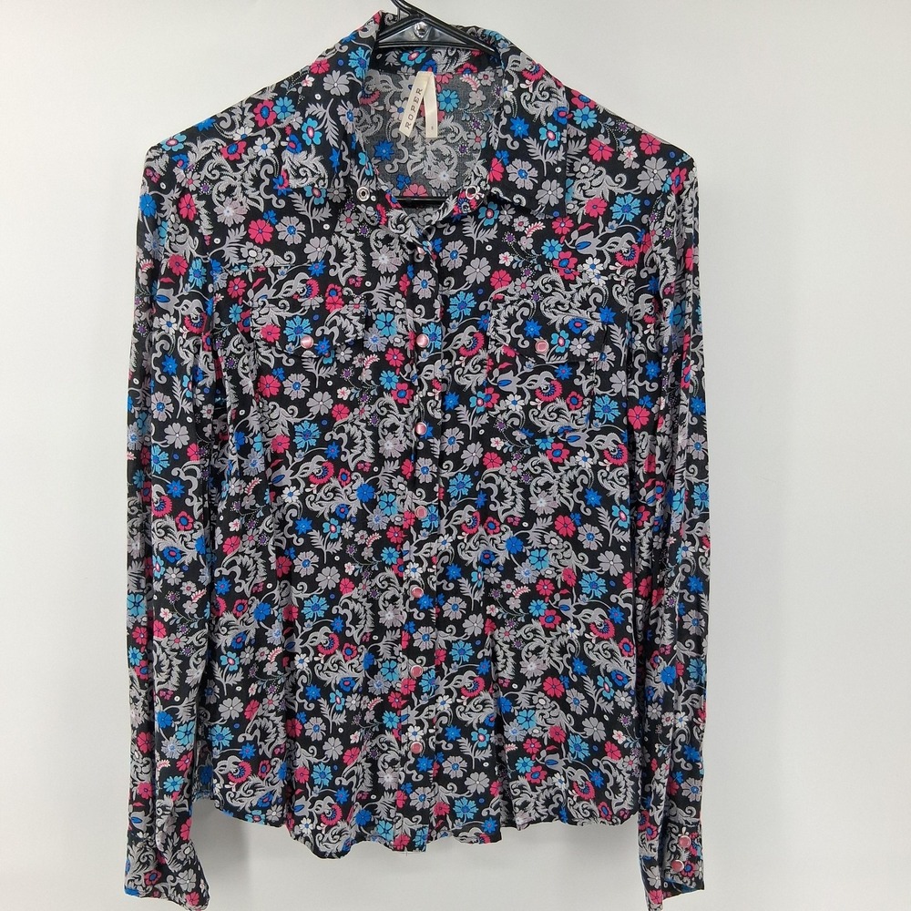 Roper Shirt Womens Small Black Floral Button Up Long Sleeve Western Rayon